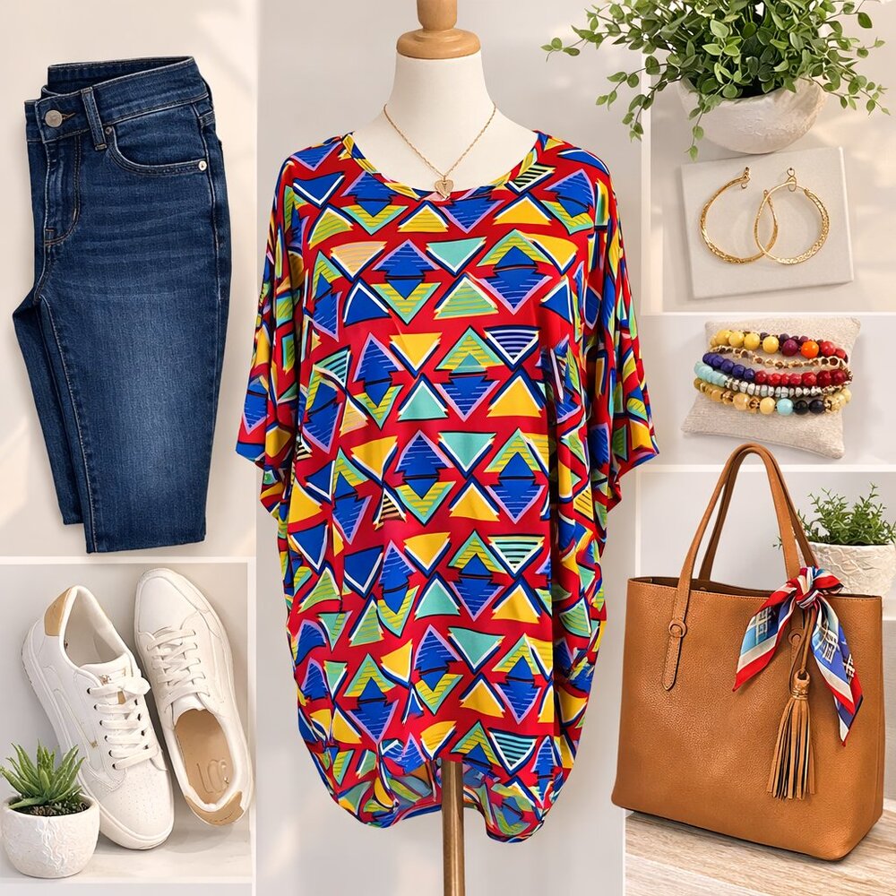 💚 LuLaRoe Irma Tunic Top Geometric Print Red Blue Yellow Size M